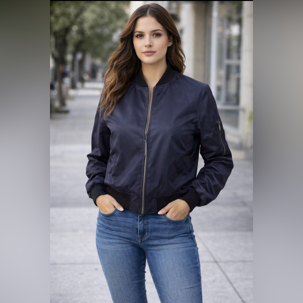 Etcetera Women’s Bomber Jacket Navy Blue Arm Pockets Size 10